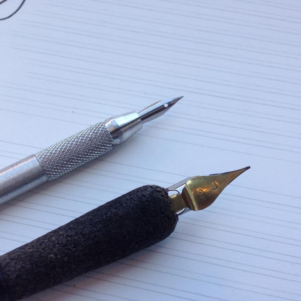 Hunt 107, Speedball B6, and pre-ruled paper