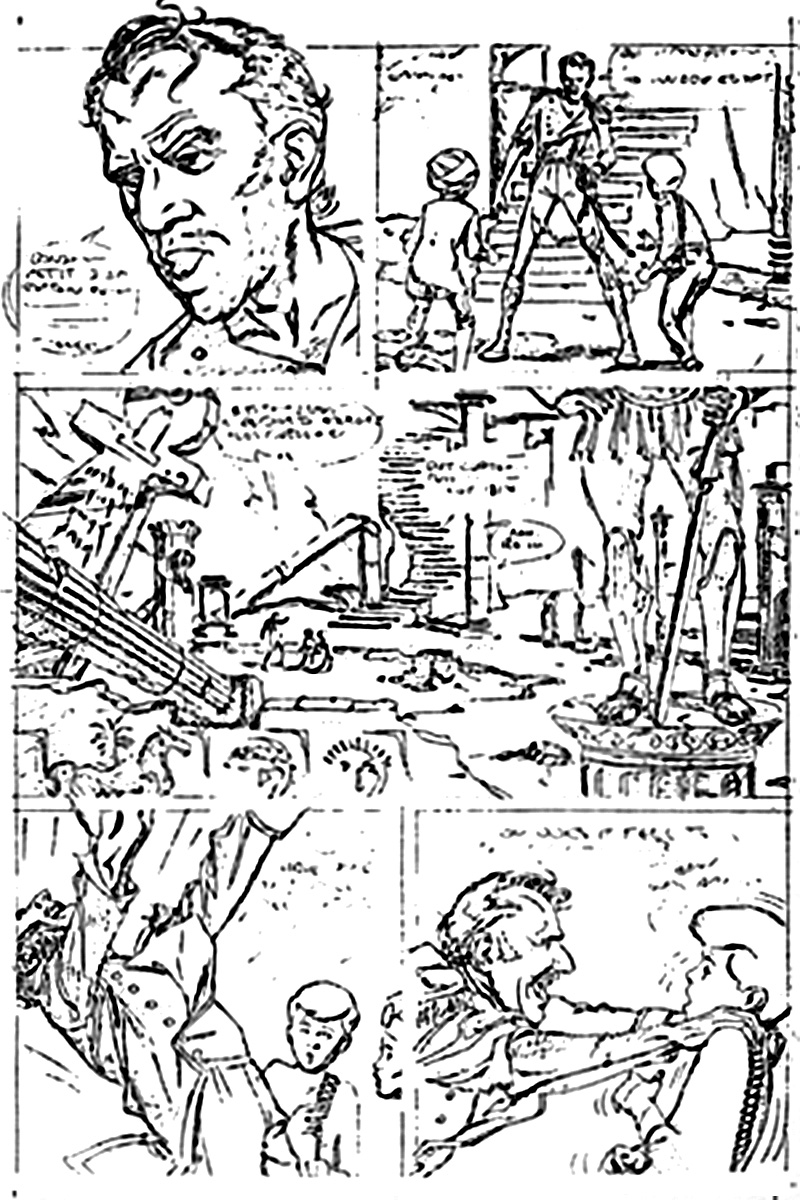 bad fax of Steve Rude pencil art for Jonny Quest, page 6 of 12