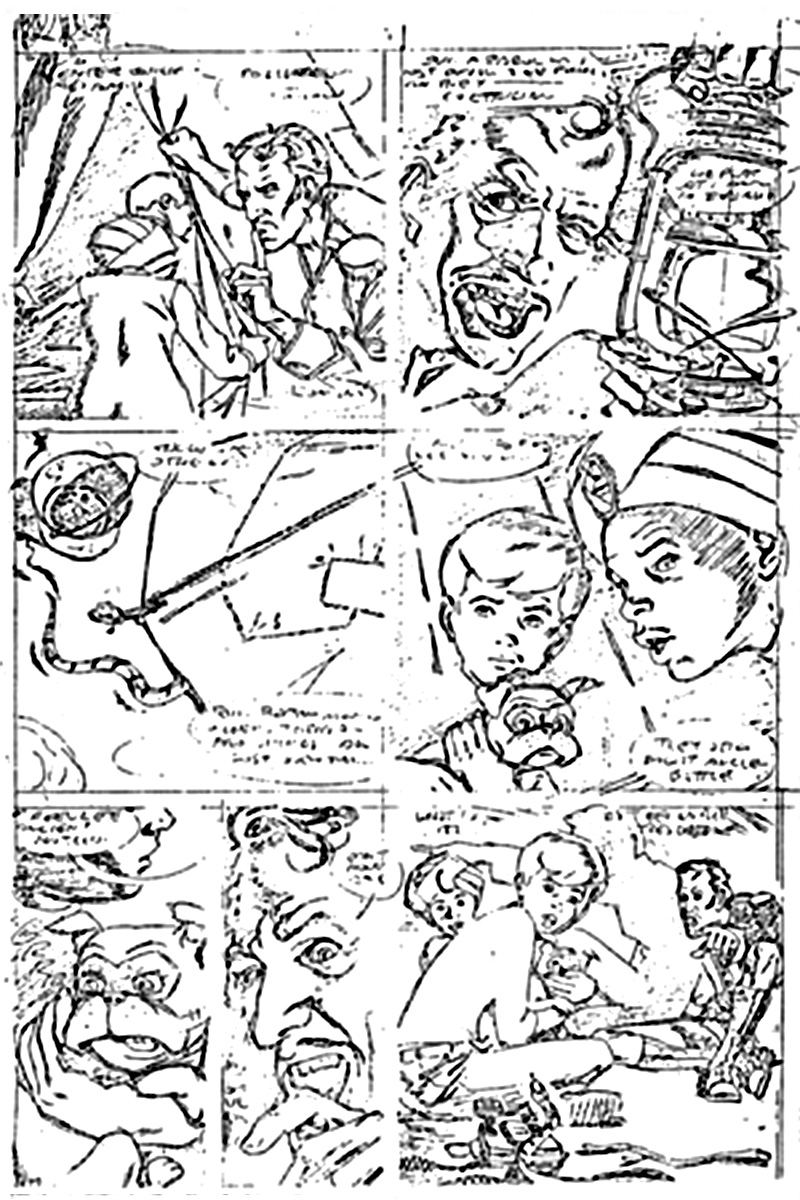 bad fax of Steve Rude pencil art for Jonny Quest, page 8 of 12
