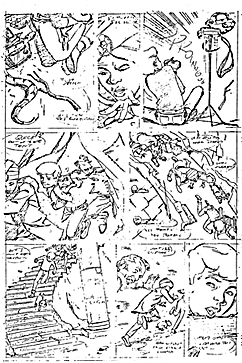bad fax of Steve Rude pencil art for Jonny Quest, page 9 of 12