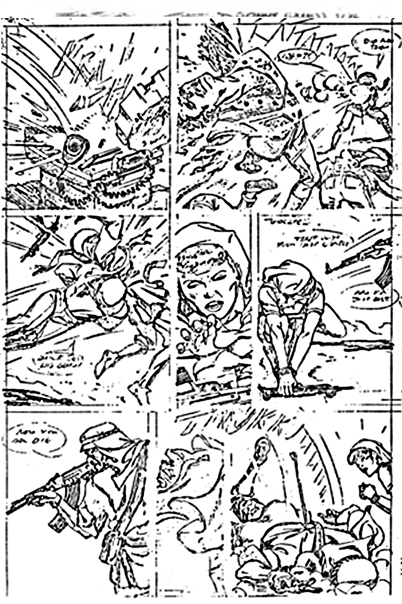 bad fax of Steve Rude pencil art for Jonny Quest, page 11 of 12